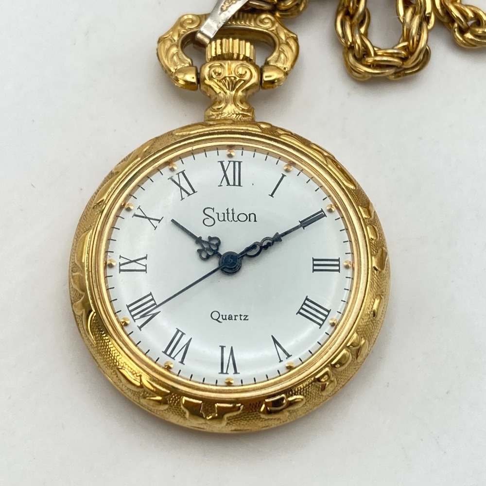 Sutton Necklace Pendant Watch Gold Tone Floral Case 31mm w/Chain New Battery